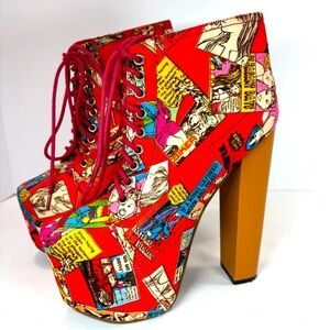 Vtg Traffic Platform Heel Red Pumps Women Sz 6 Comic Book Print Eclectic Cosplay